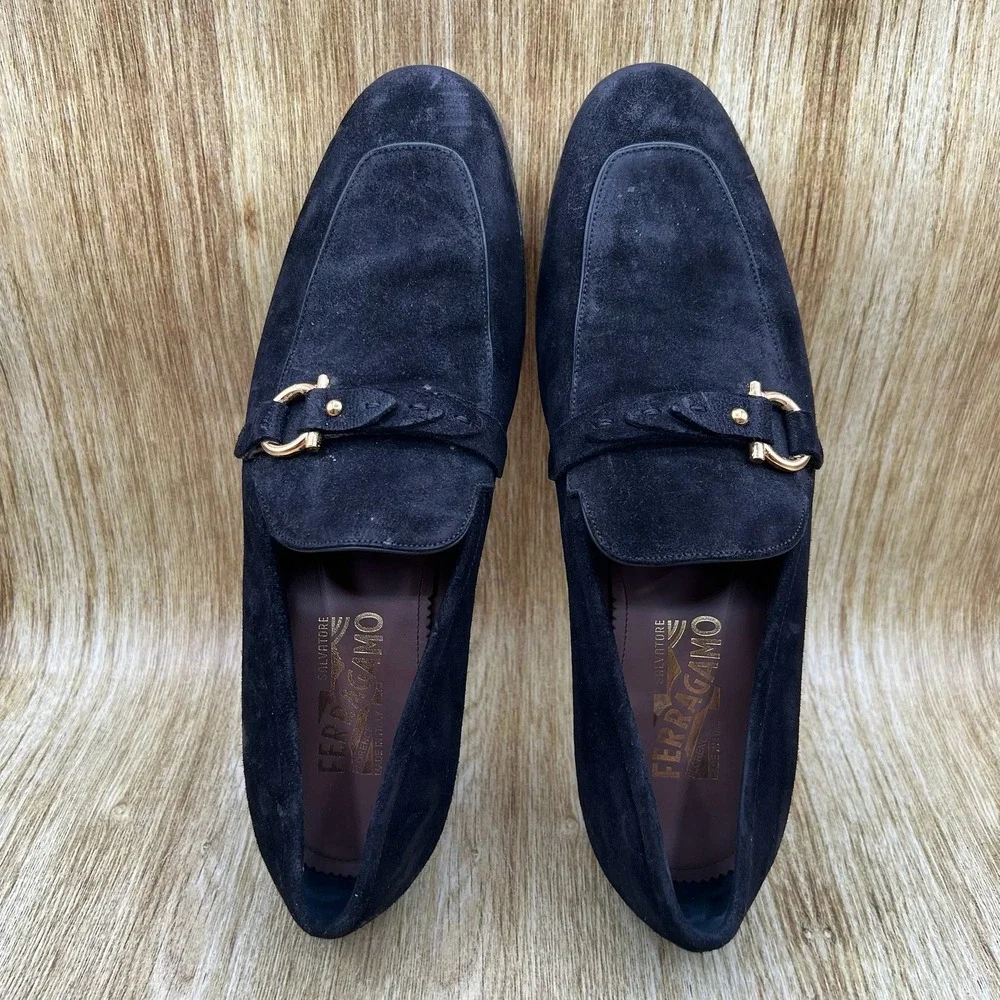 Salvatore Ferragamo Gancini Loafers Men's Size 9 E Black Suede Gold Hardware